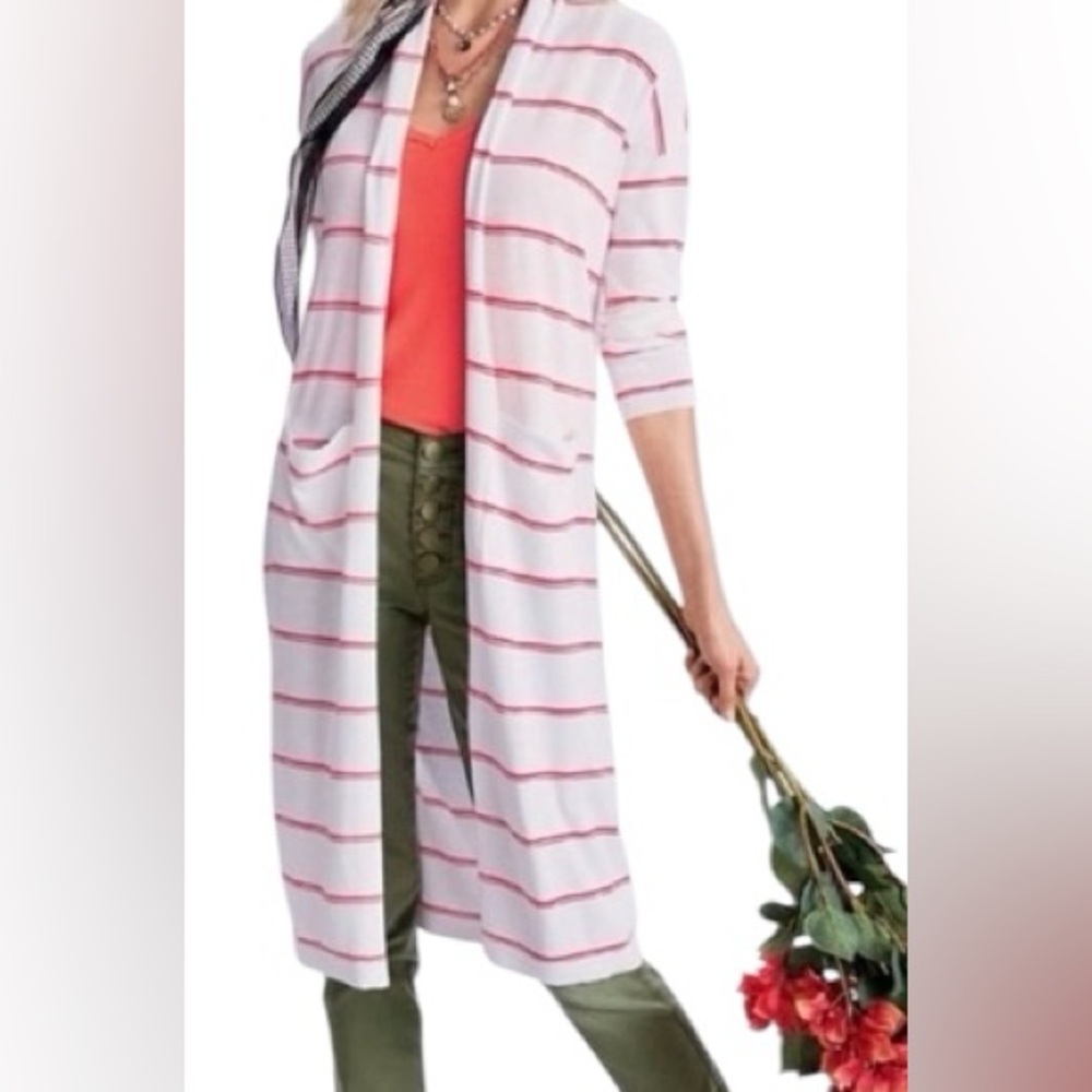 Cabi Stroll Cardigan 5826 Relaxed Duster Sweater White/Red Stripe Pockets Medium